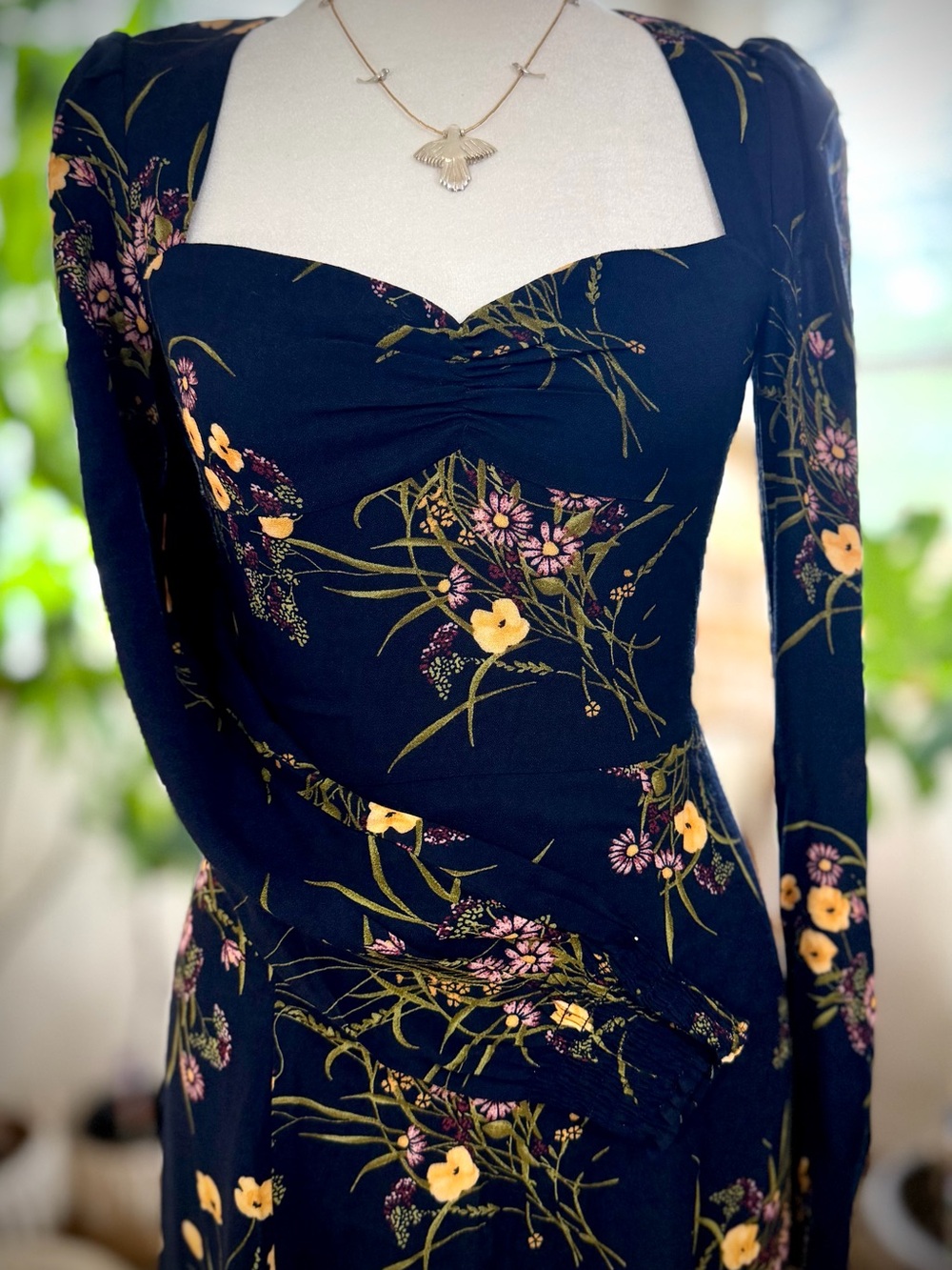 REFORMATION Boho Wallflower Midi Dress Navy Long Sleeve Slit Sweetheart Size 0 - Picture 5 of 16